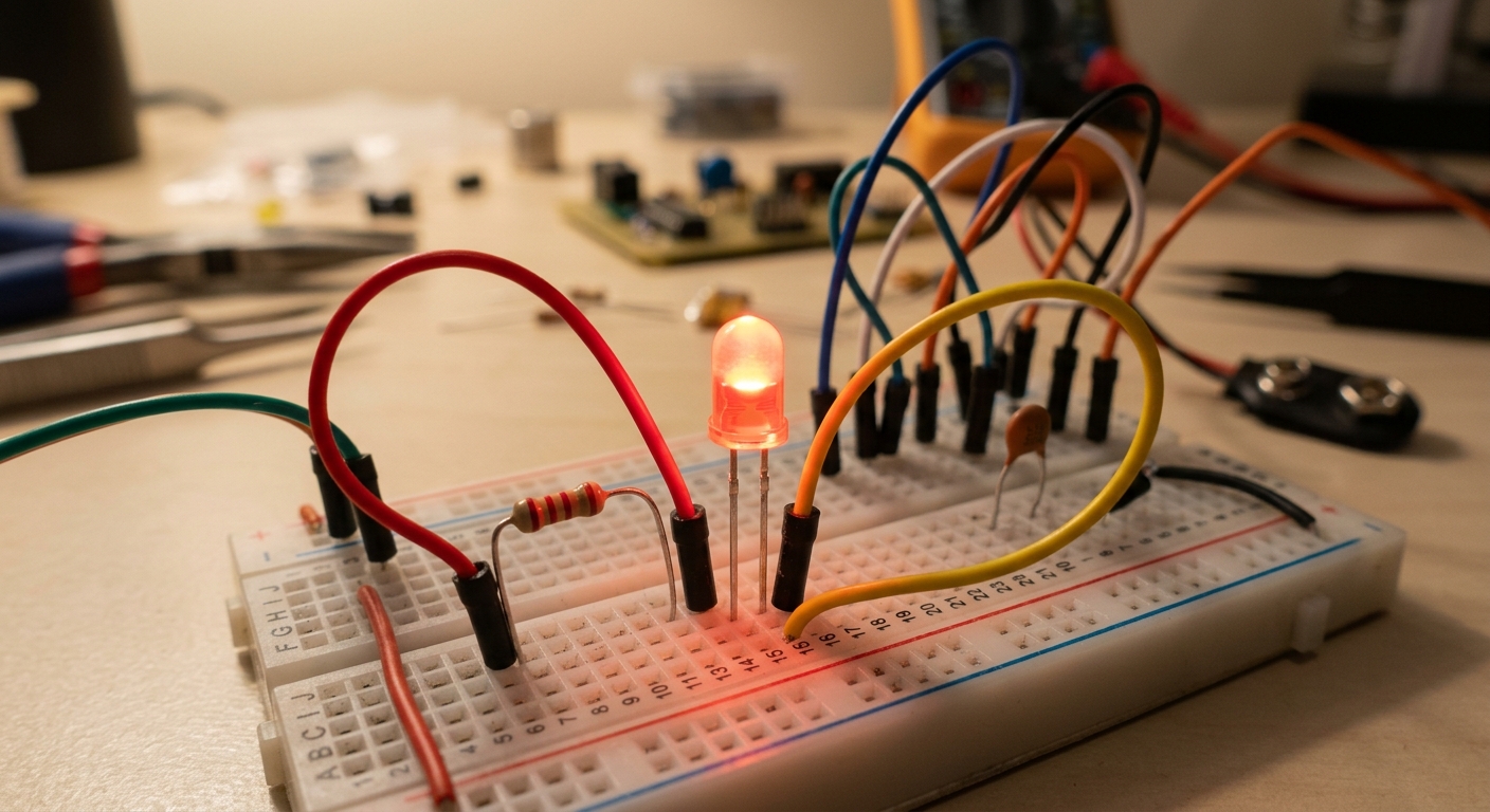 Glowing LED on a breadboard