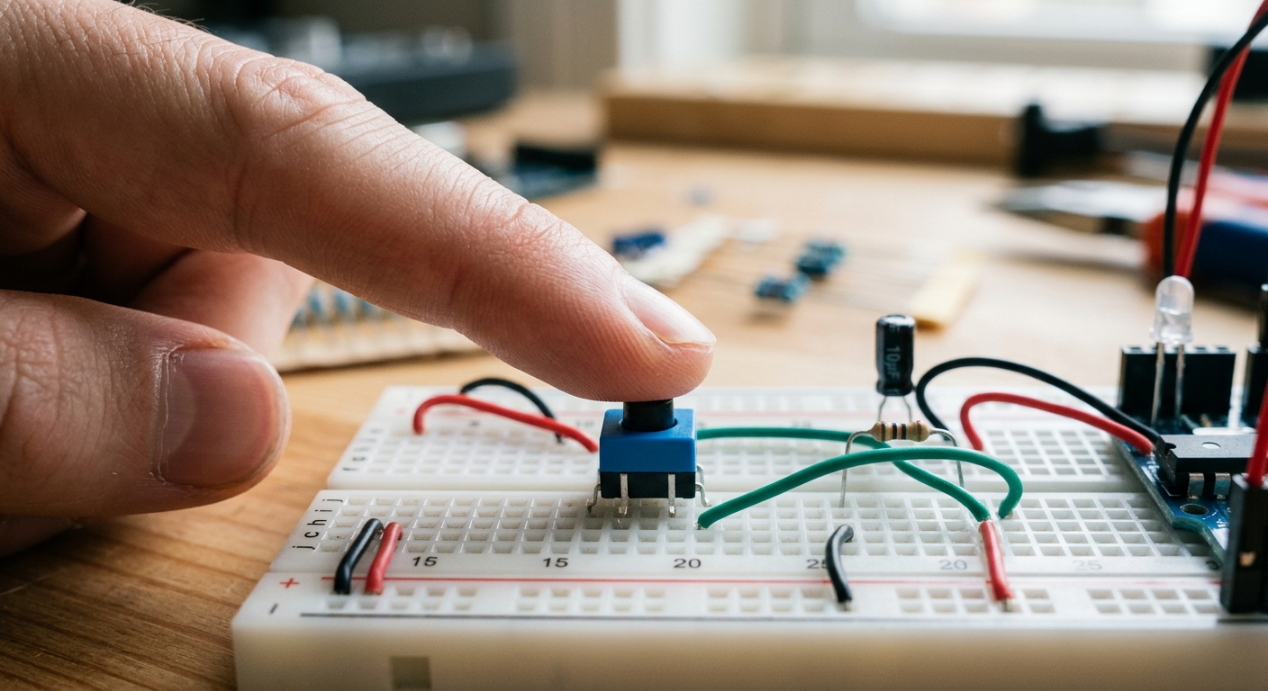 A pushbutton on a breadboard