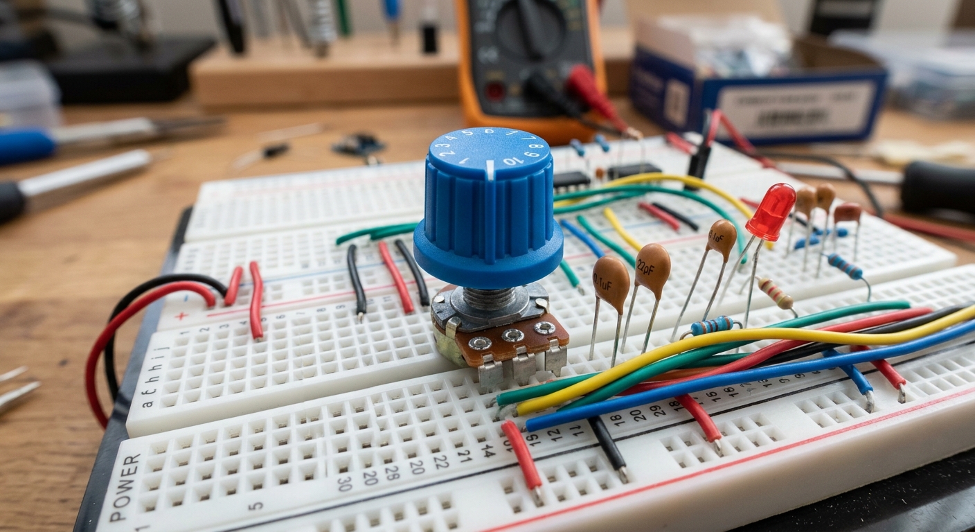 A blue potentiometer on a breadboard