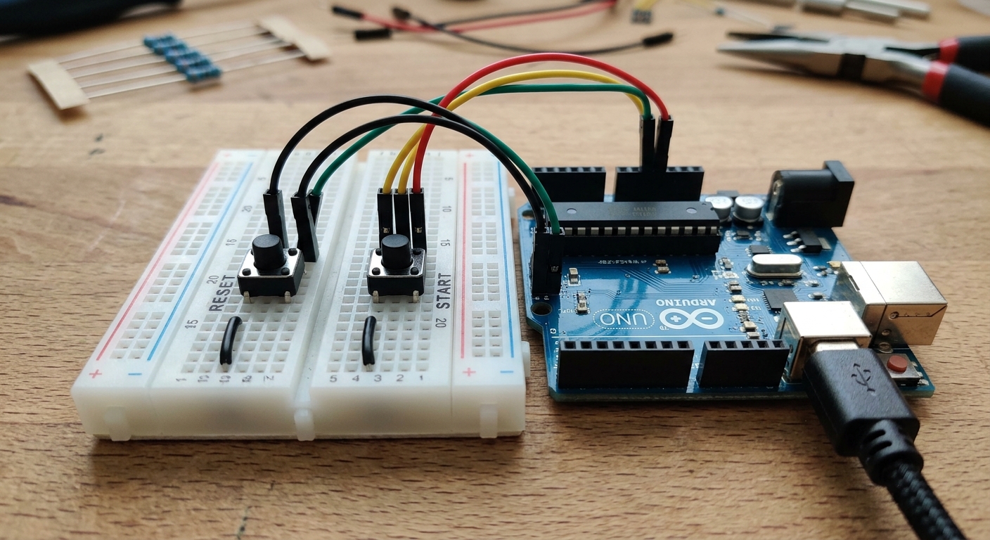 Two pushbuttons set up on a breadboard