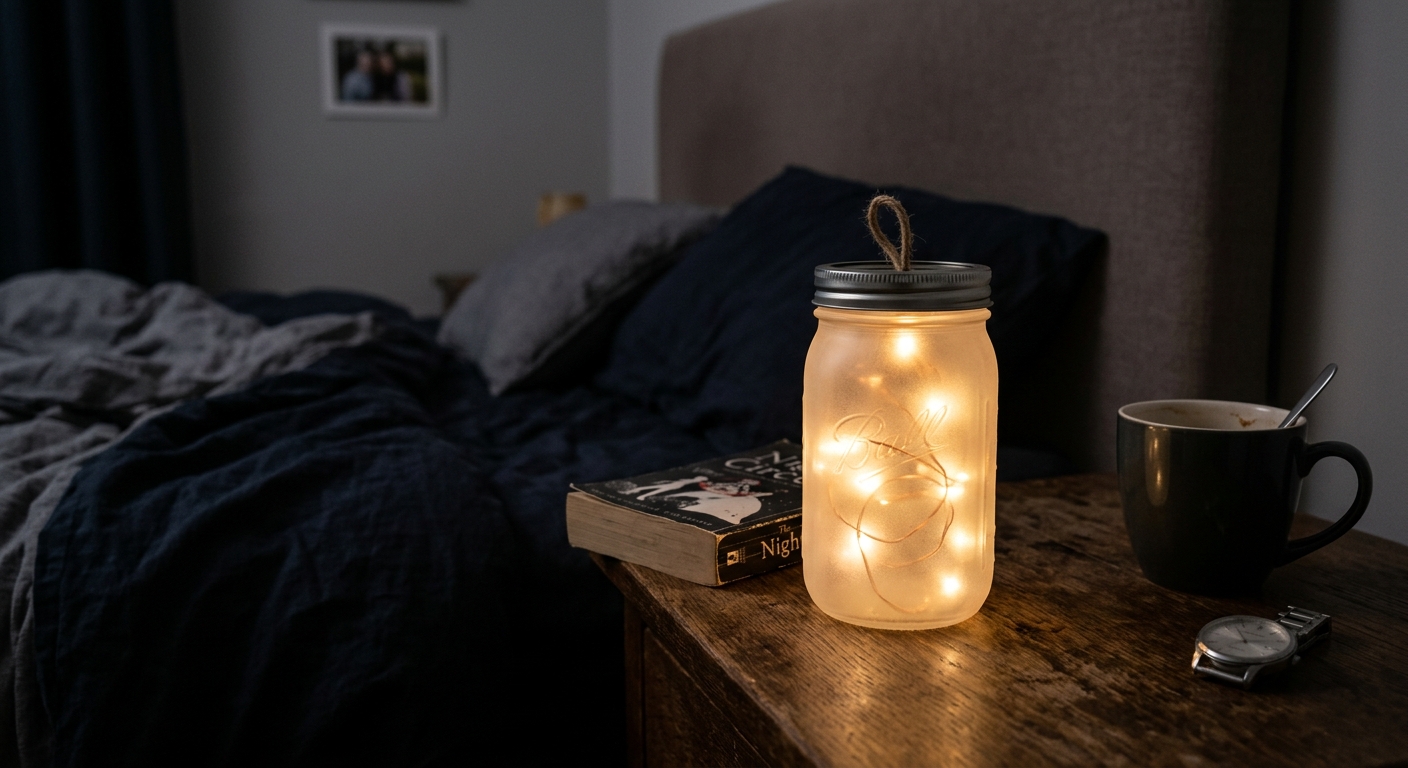 A glowing mood light in a frosted jar