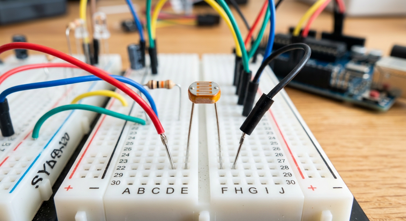 A close up of a photoresistor wired on a breadboard