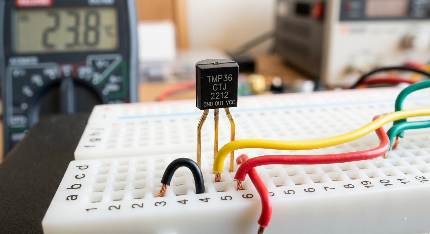A close up of a TMP36 sensor on a breadboard