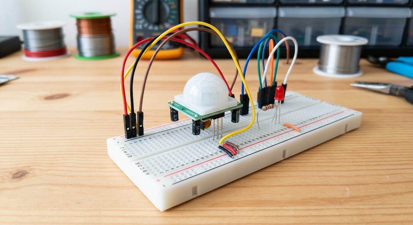 A close up of a PIR sensor on a breadboard