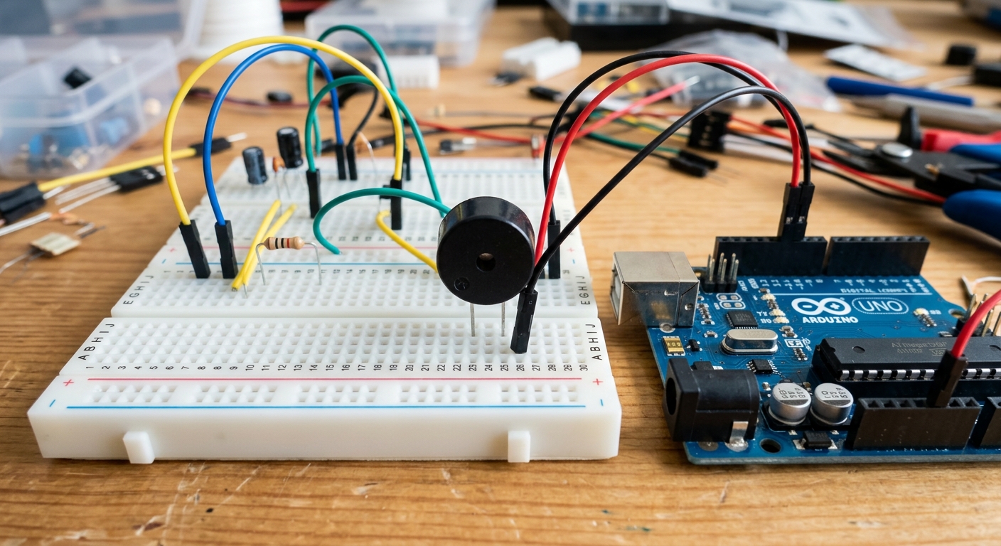 A piezo buzzer wired on a breadboard next to an Arduino Uno