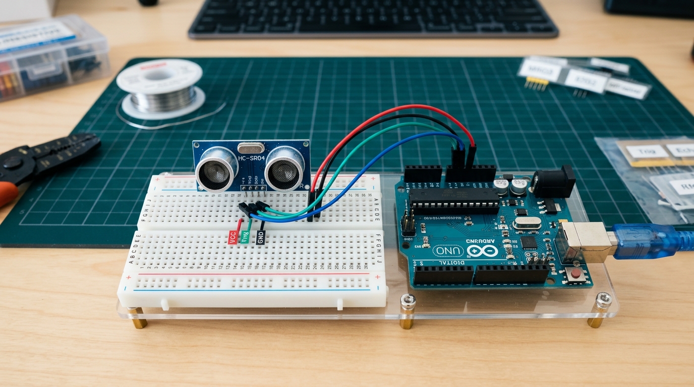 An HC-SR04 ultrasonic sensor wired on a breadboard next to an Arduino Uno