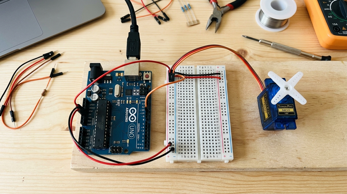 A blue SG90 micro servo motor wired on a breadboard next to an Arduino Uno