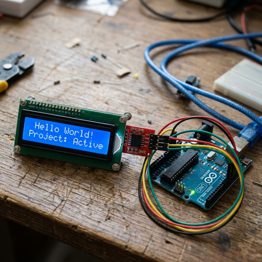 A 16x2 LCD screen displaying Hello World connected to an Arduino