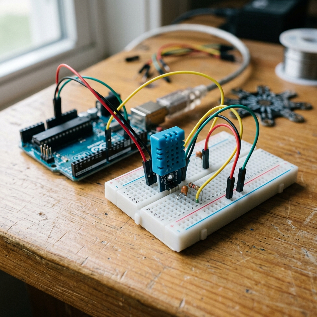 A DHT11 temperature and humidity sensor module wired to an Arduino