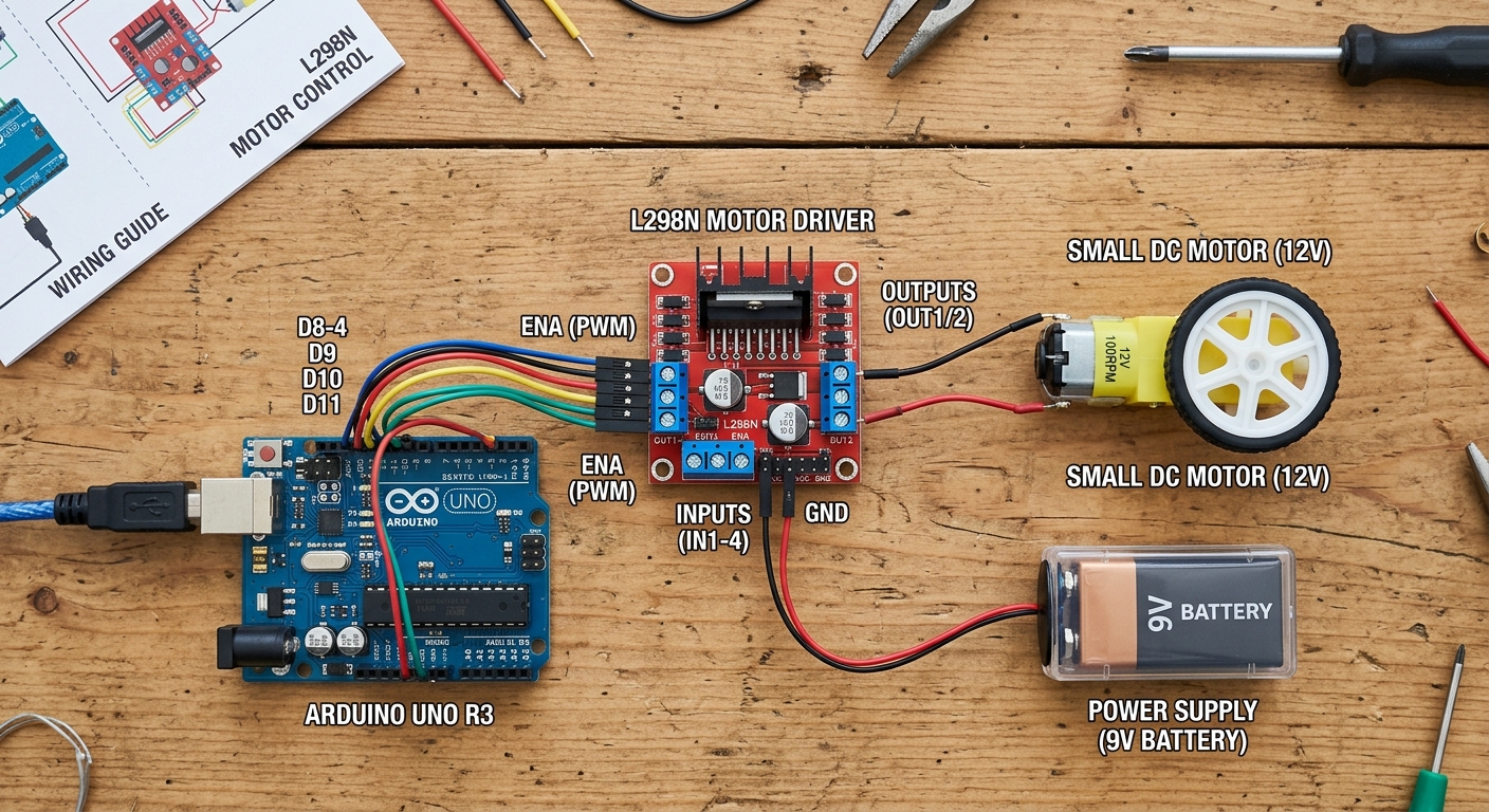 L298N Motor Driver connected to a DC motor and Arduino