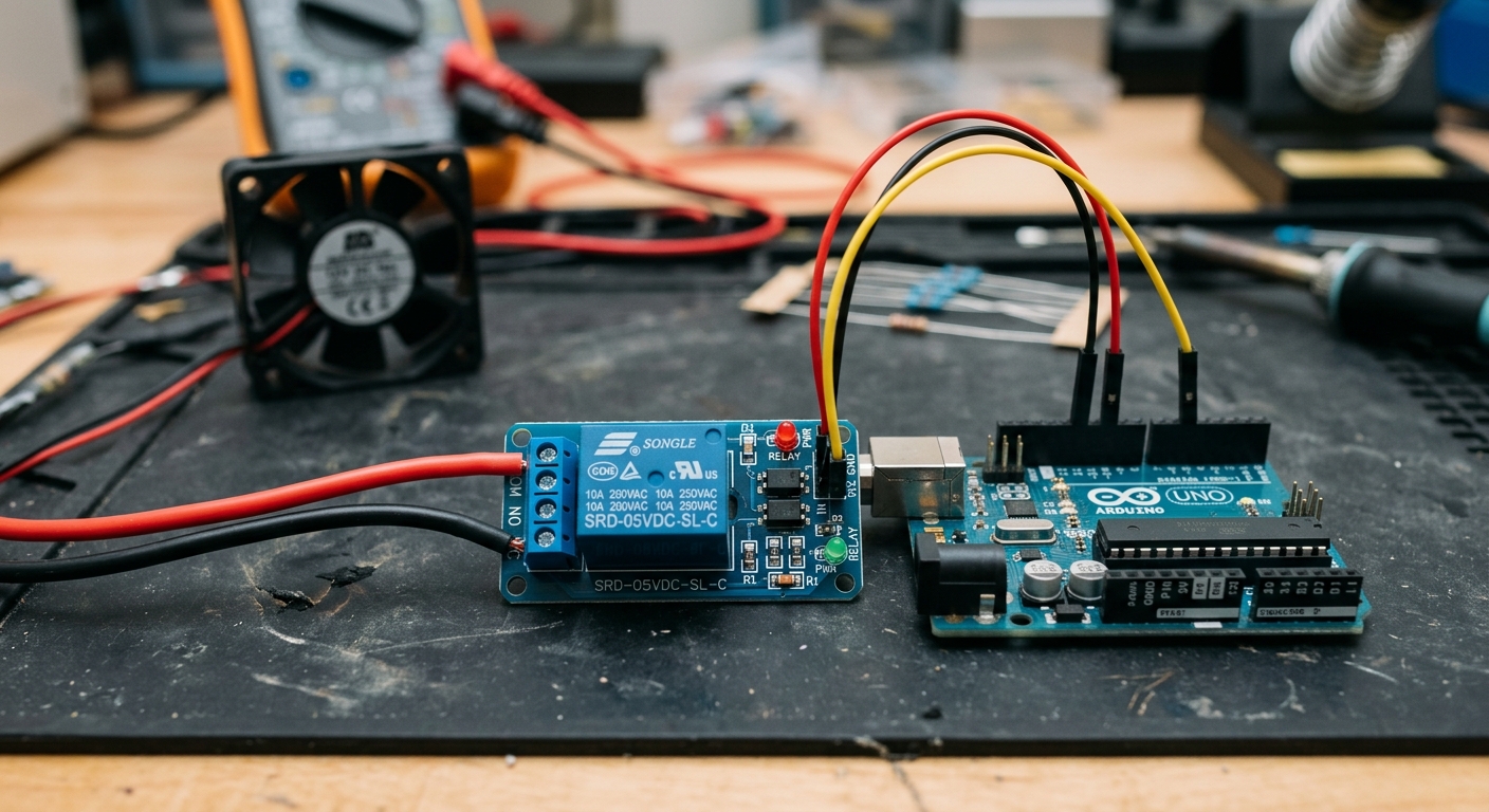 Close up of a blue 5V Relay module on a lab bench