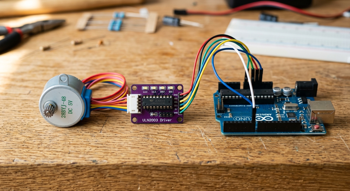 A 28BYJ-48 stepper motor next to its ULN2003 driver board