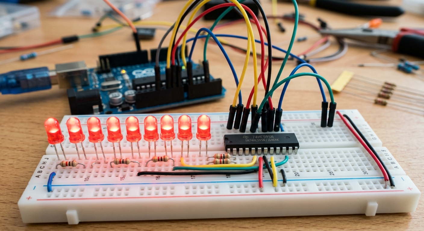 A 74HC595 shift register IC chip driving multiple LEDs on a breadboard
