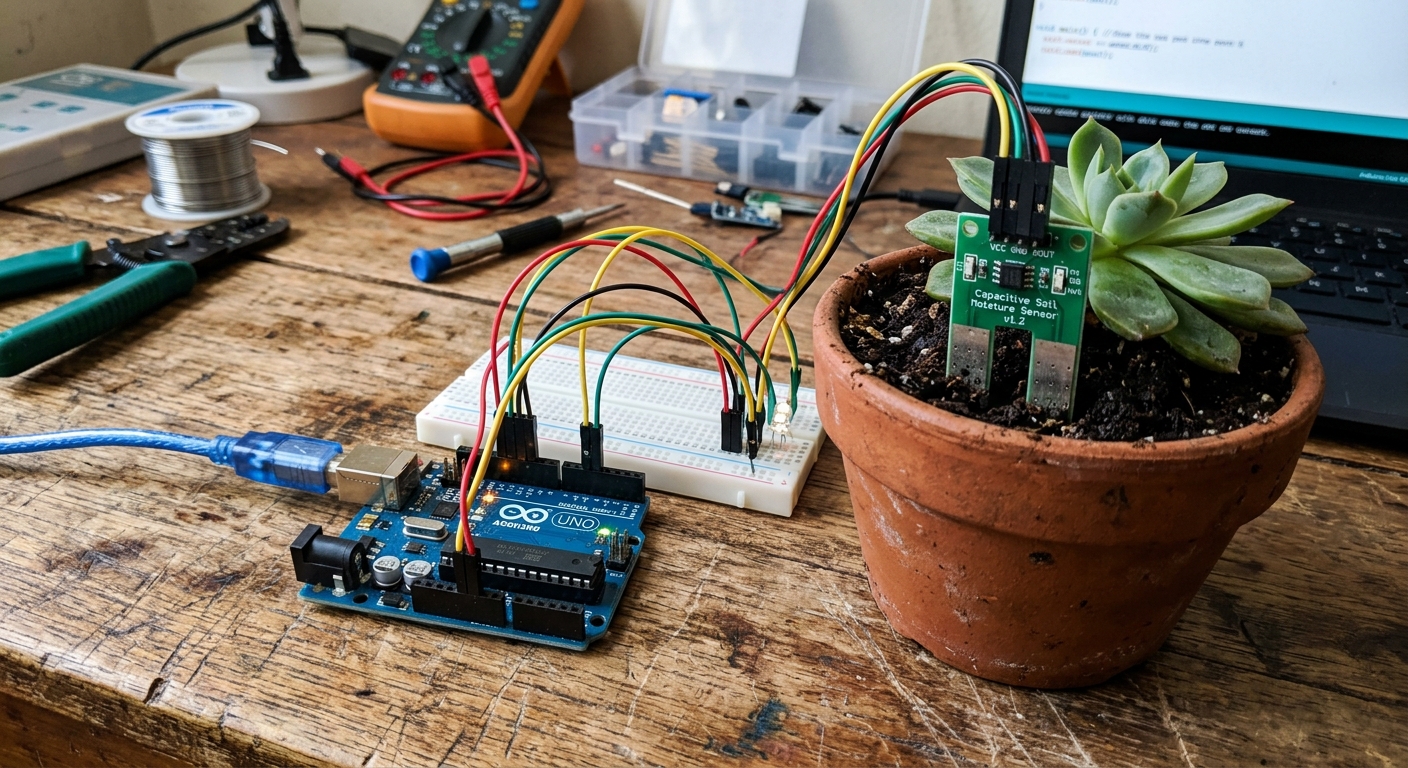 A soil moisture sensor plugged into a potted plant next to an Arduino