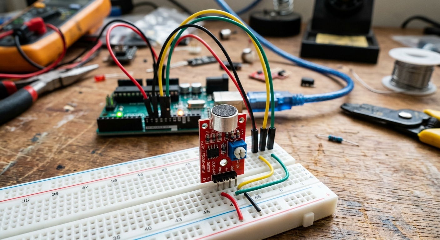 A small red KY-037 sound sensor module on a breadboard