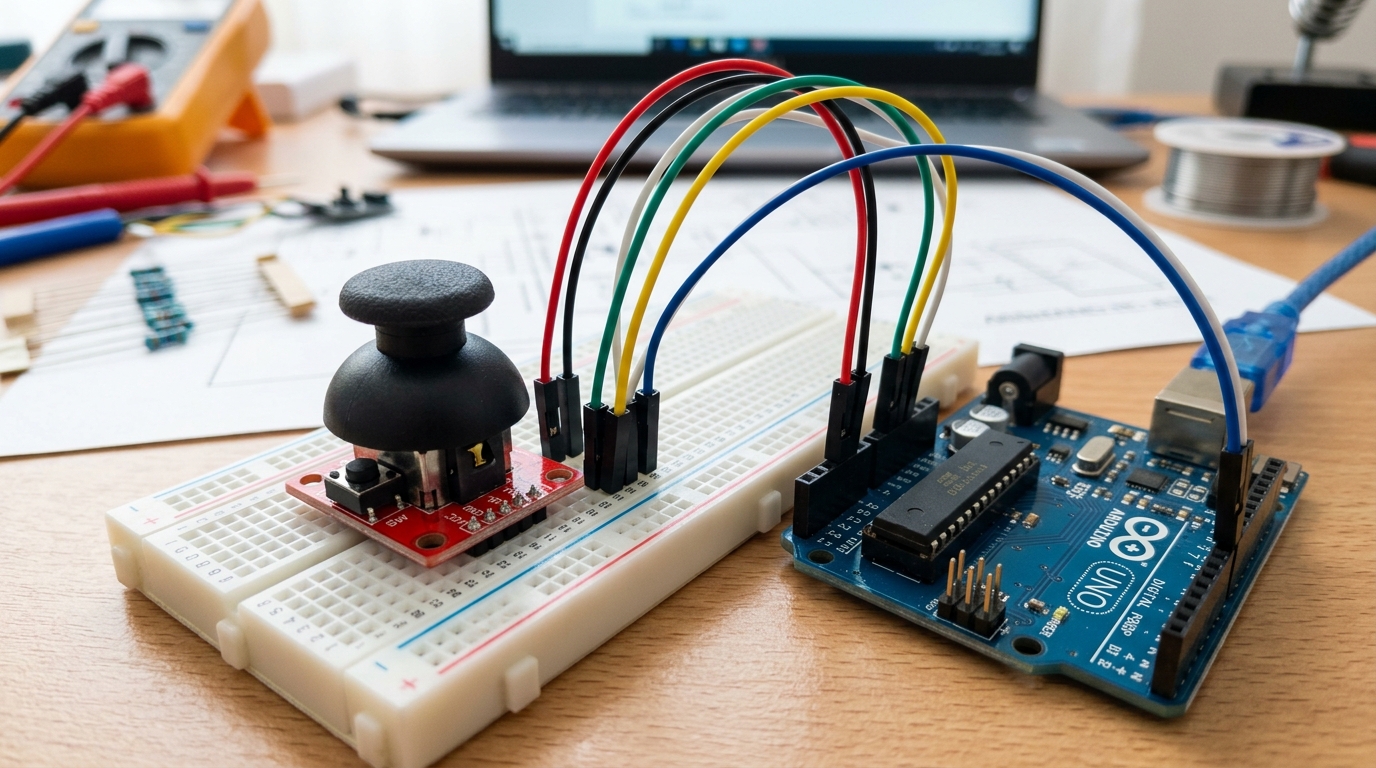 A black analog joystick module on a breadboard next to an Arduino