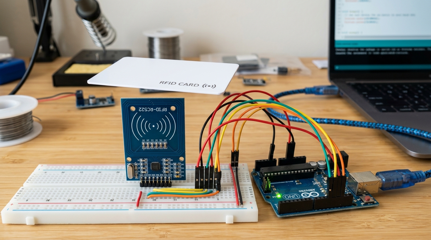An RC522 RFID reader module and a smart card next to an Arduino