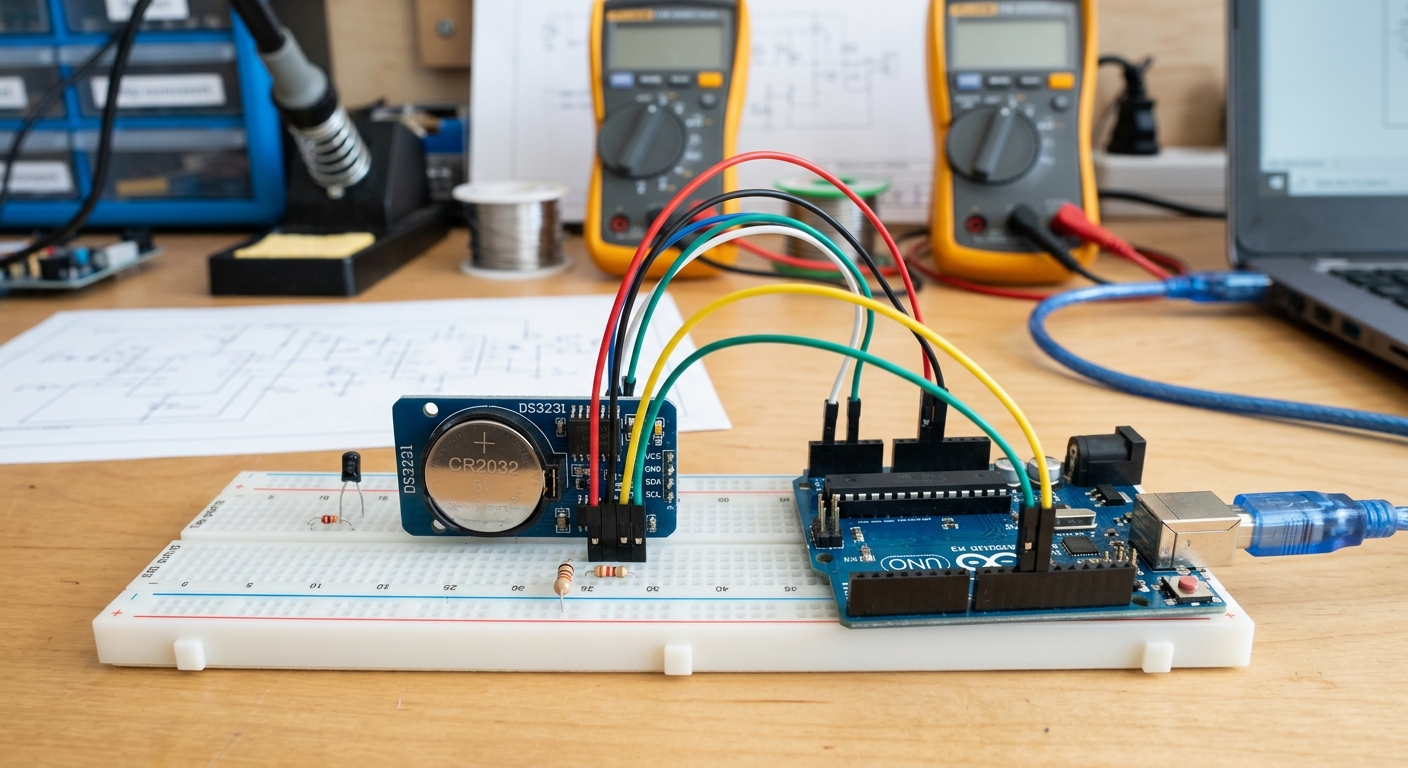 A DS3231 Real Time Clock module connected to an Arduino Uno