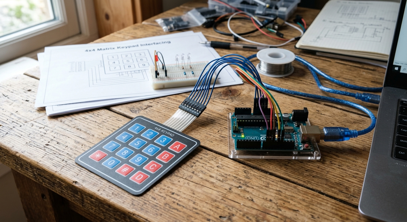 A 4x4 matrix membrane keypad connected to an Arduino Uno