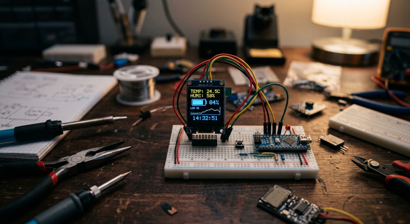 A glowing SSD1306 OLED module connected to a breadboard