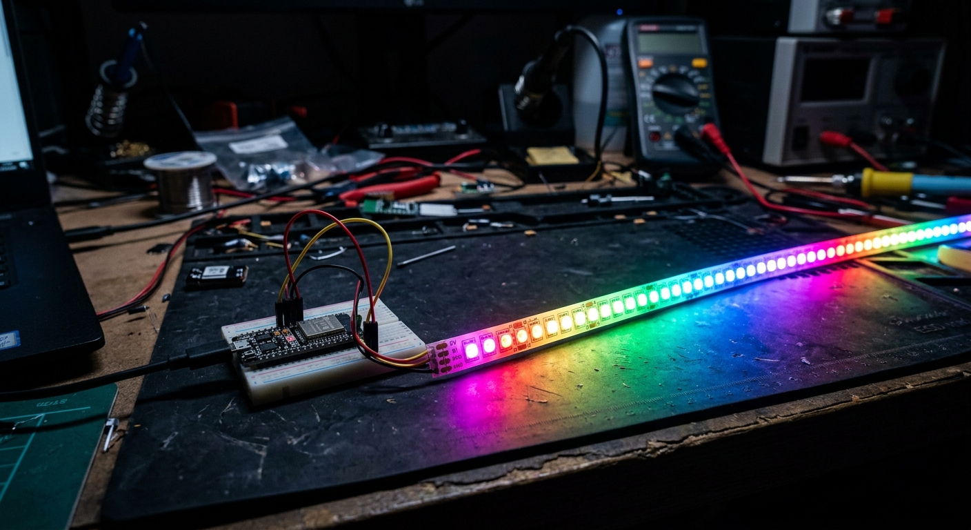 A glowing strip of WS2812B NeoPixel LEDs