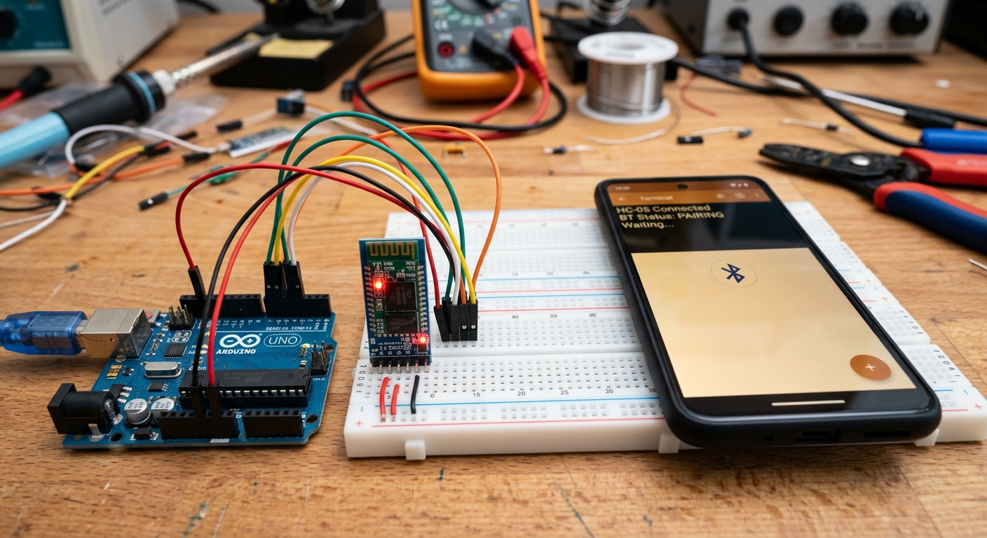 An HC-05 Bluetooth module wired to an Arduino