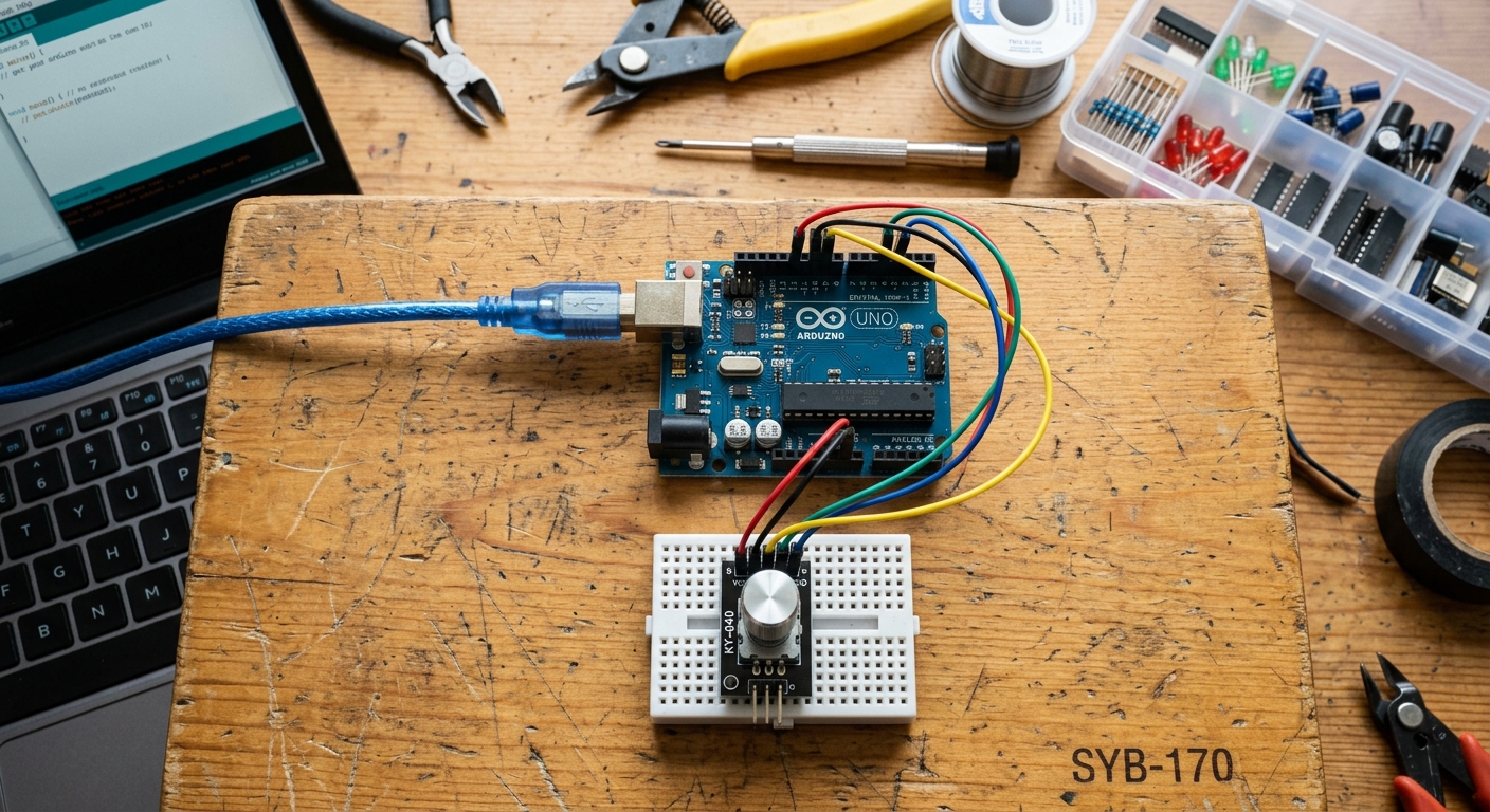 An Arduino Uno wired to a KY-040 rotary encoder module