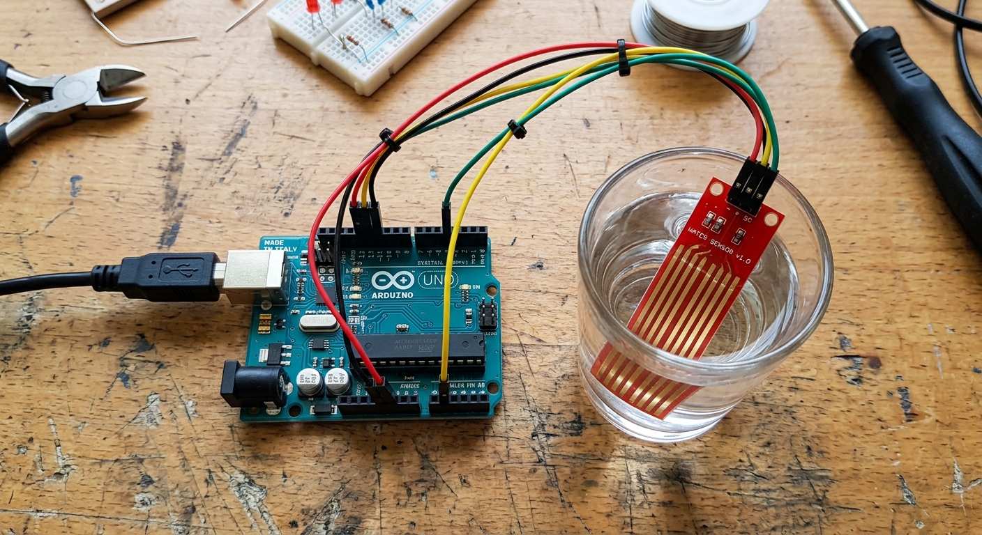 An Arduino Uno wired to an analog water level sensor dipped in a glass
