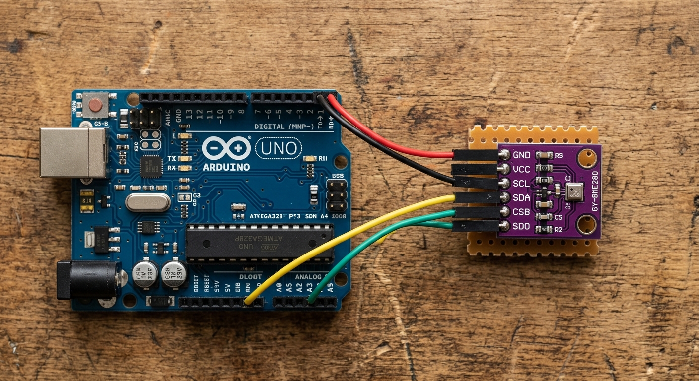 A BME280 sensor module wired to an Arduino Uno