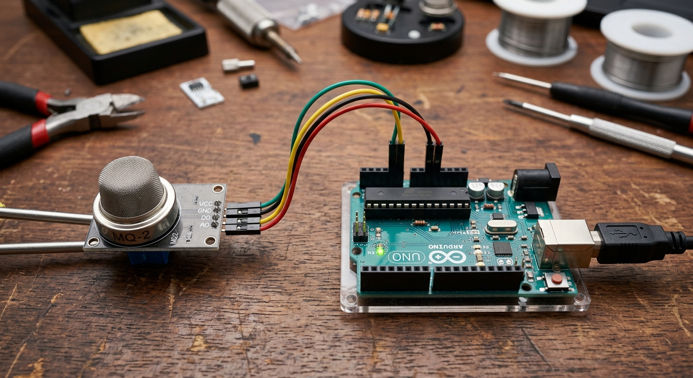 An MQ-2 gas sensor module with its distinct metal mesh cage